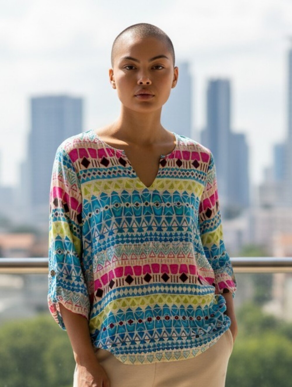 John + Mark Womens 100% Silk Geometric Tribal Print Tunic Blouse Multicolor M
